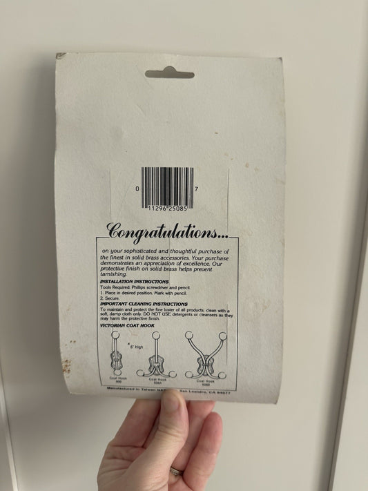 NIB Vintage Brass Double Wall Hook with Porcelain Knobs