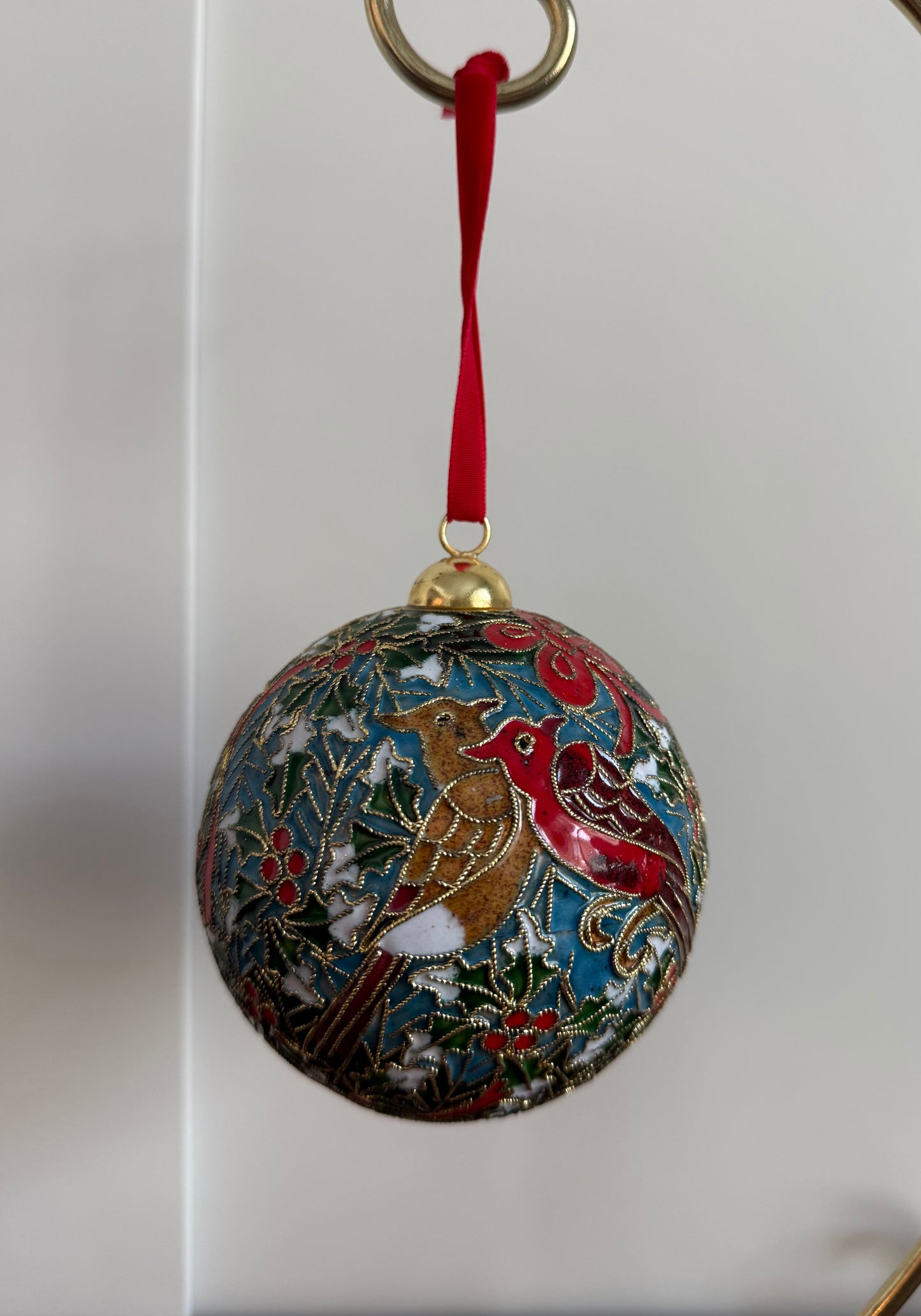 Cloisonné Bird and Holly Ball Ornament