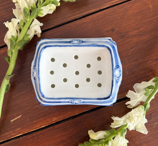 Antique Blue & White Porcelain Soap Strainer – Two-Piece Drainage Dish