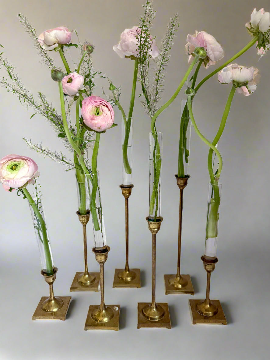 Set of Seven Brass Taper Candle Holders with Square Bases