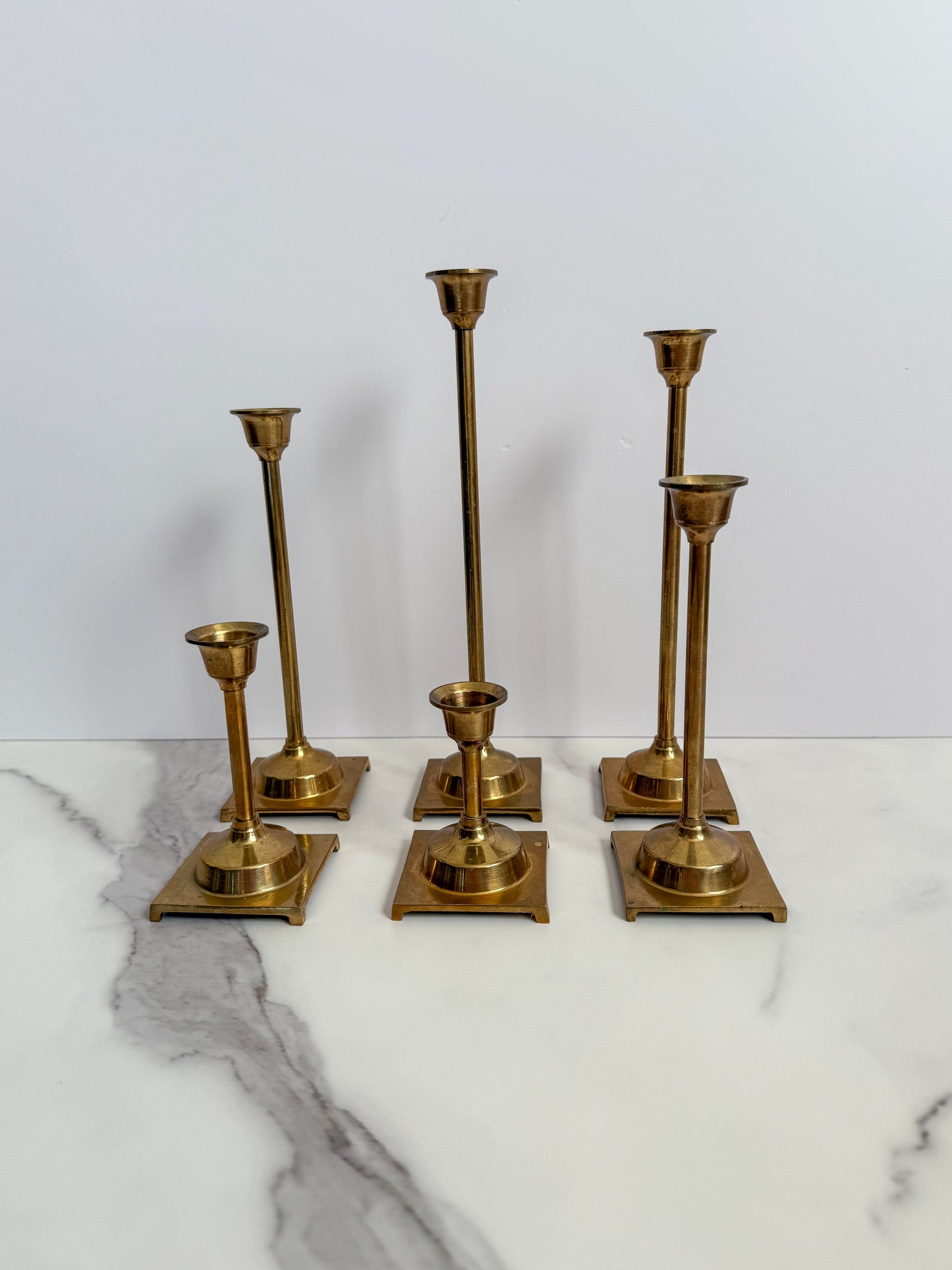 Set of Six Brass Taper Candle Holders with Square Bases