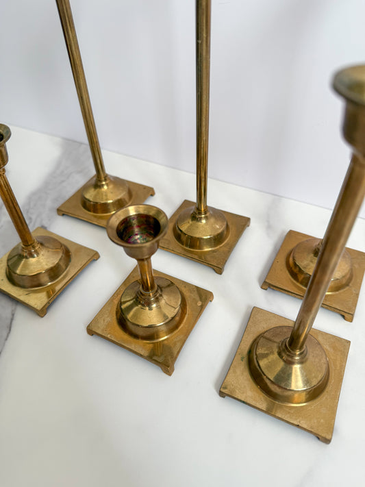 Set of Six Brass Taper Candle Holders with Square Bases