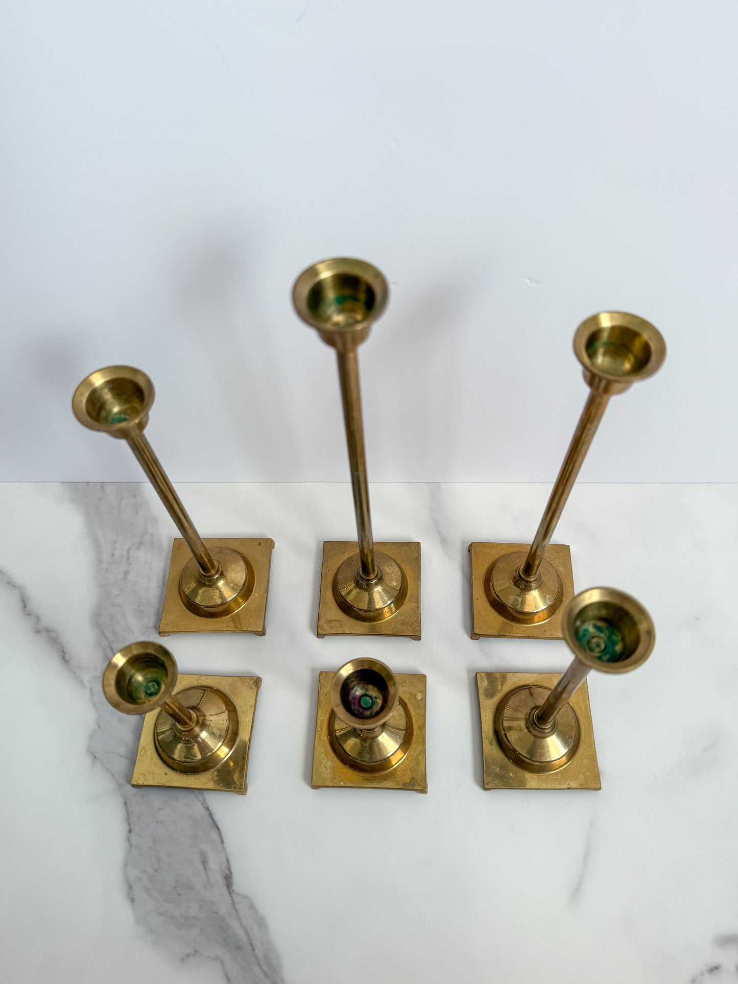 Set of Six Brass Taper Candle Holders with Square Bases