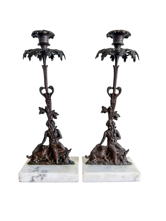 Pair of French Grandiole Candle Holders with Marble Bases