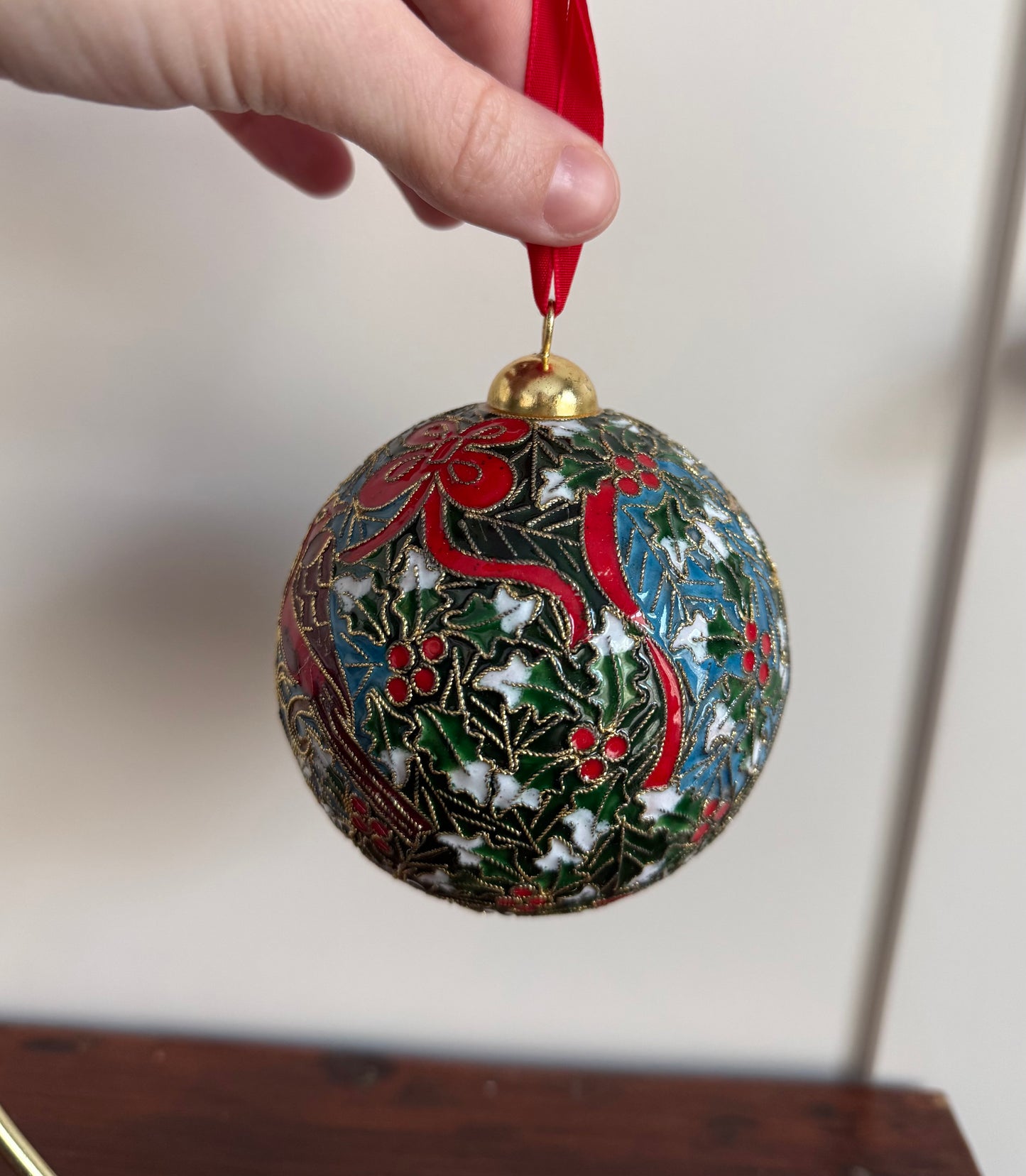 Cloisonné Bird and Holly Ball Ornament