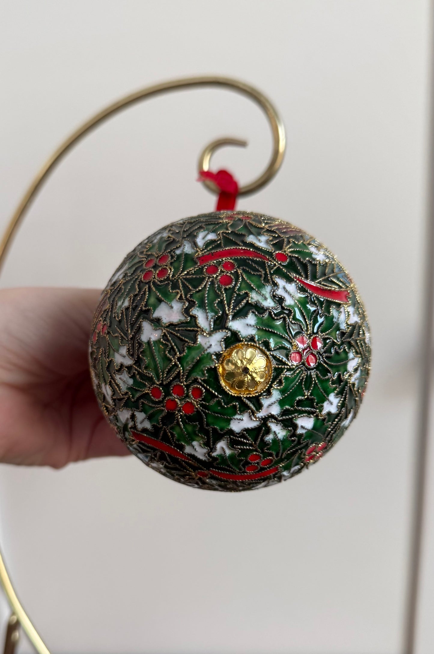Cloisonné Bird and Holly Ball Ornament