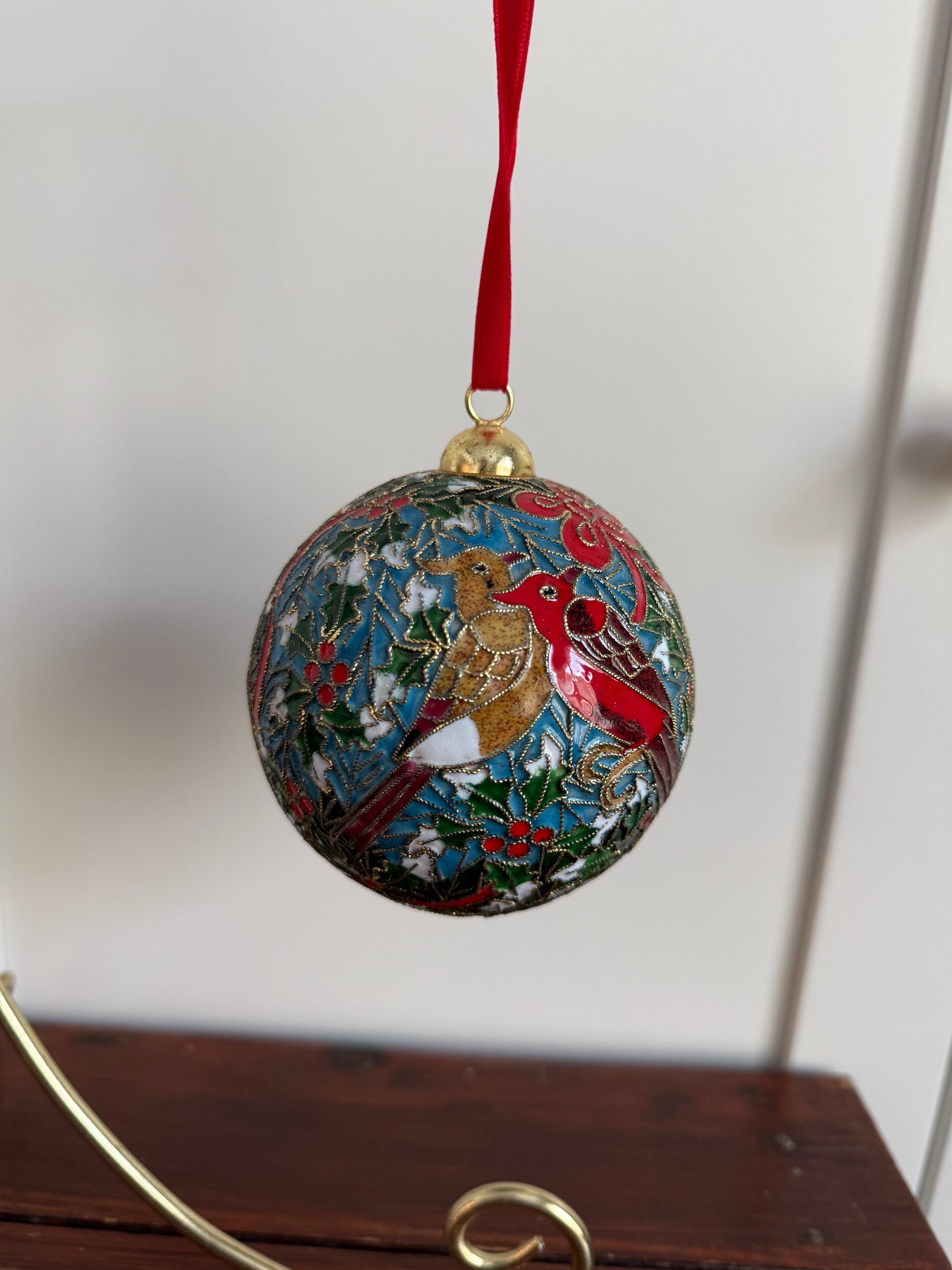 Cloisonné Bird and Holly Ball Ornament
