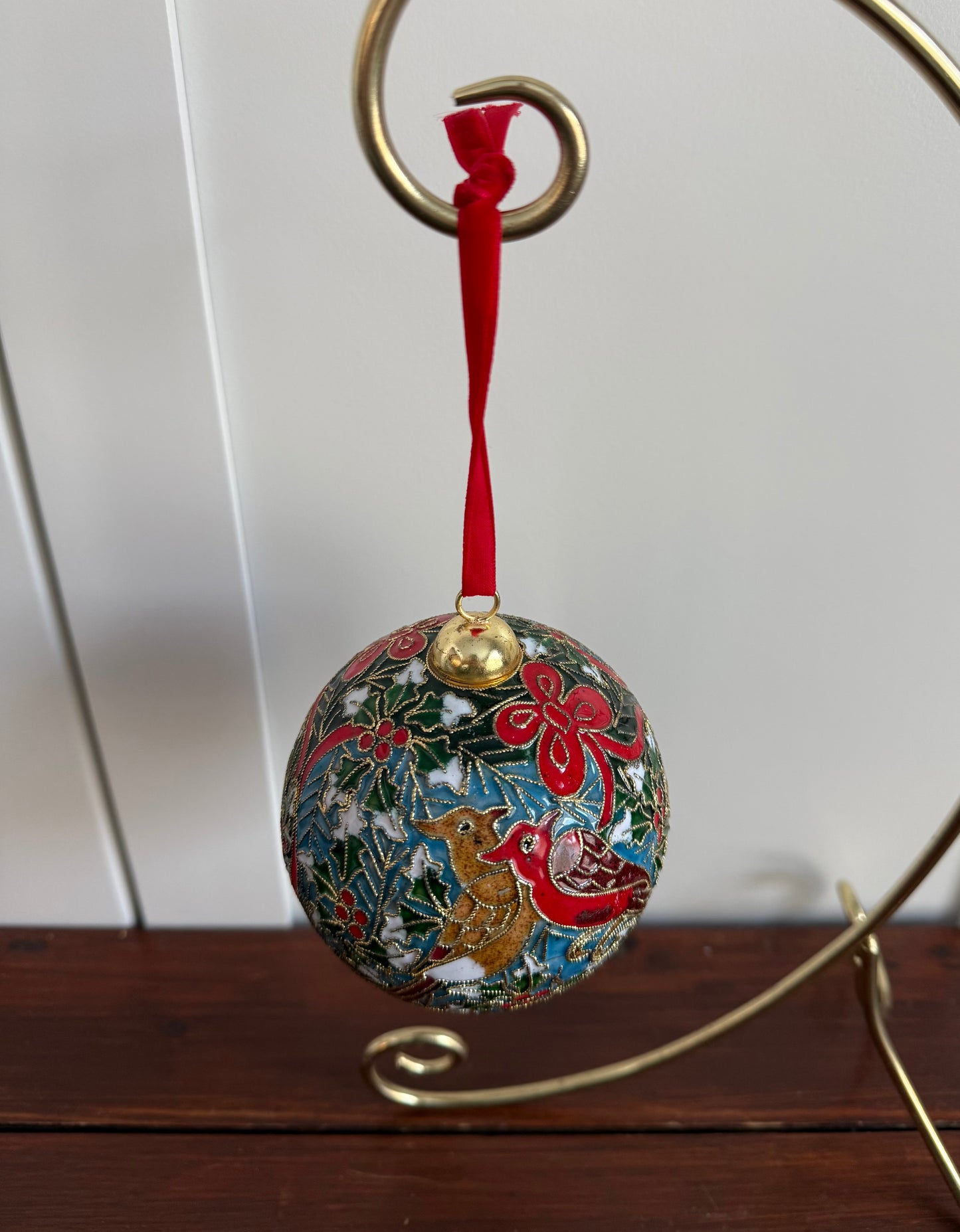 Cloisonné Bird and Holly Ball Ornament