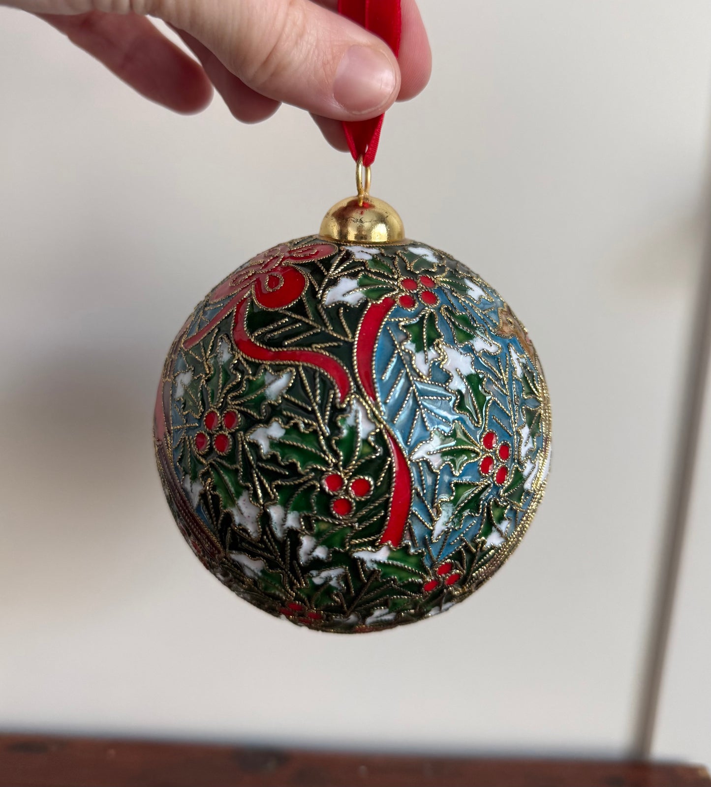 Cloisonné Bird and Holly Ball Ornament