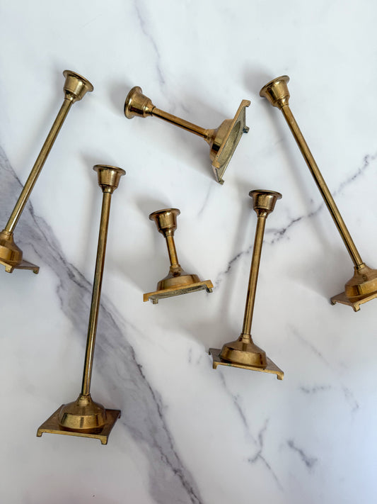 Set of Six Brass Taper Candle Holders with Square Bases