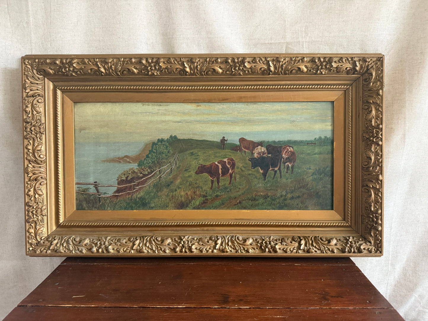 Framed Antique Pastoral Landscape Oil Painting