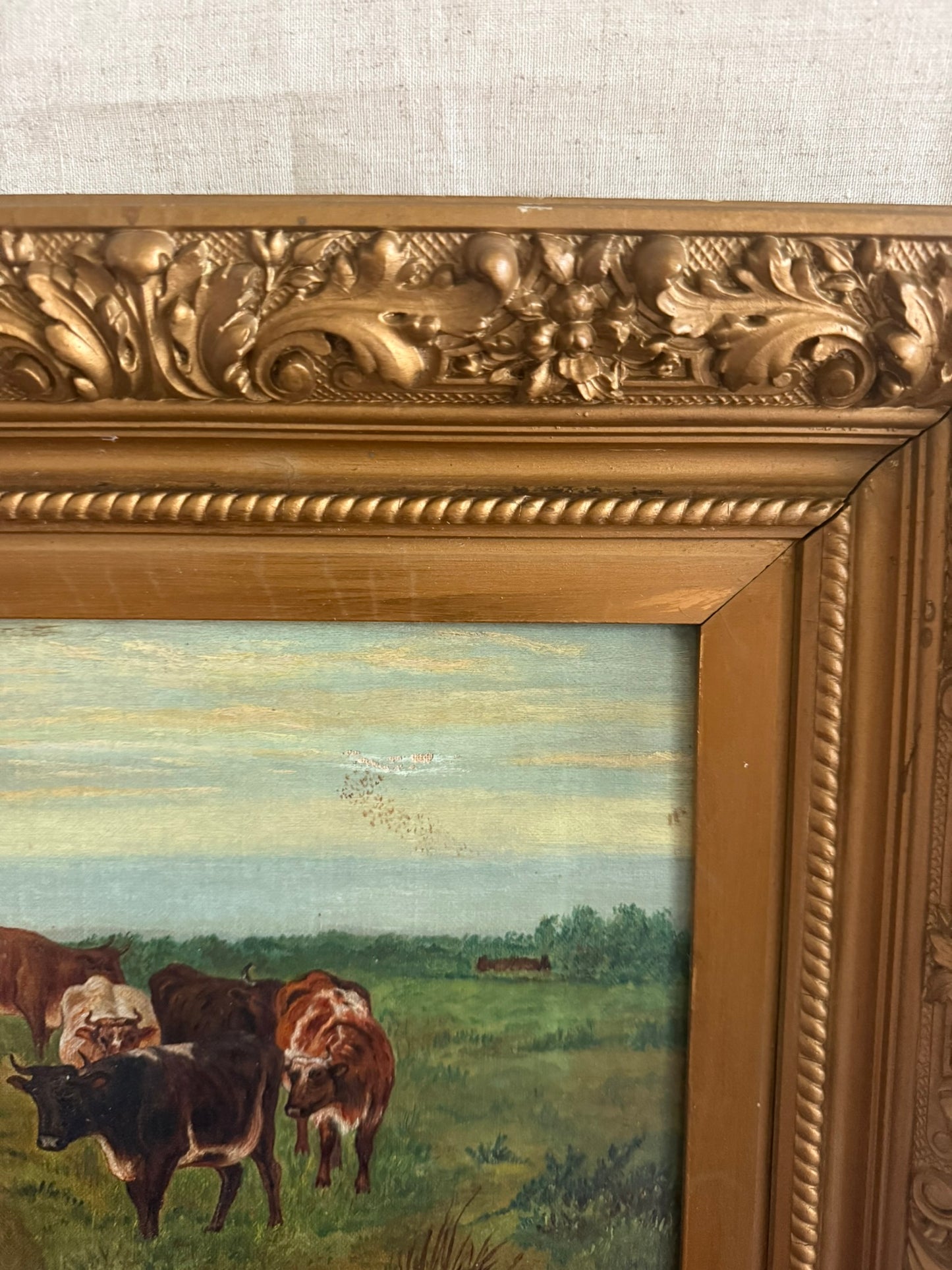 Framed Antique Pastoral Landscape Oil Painting