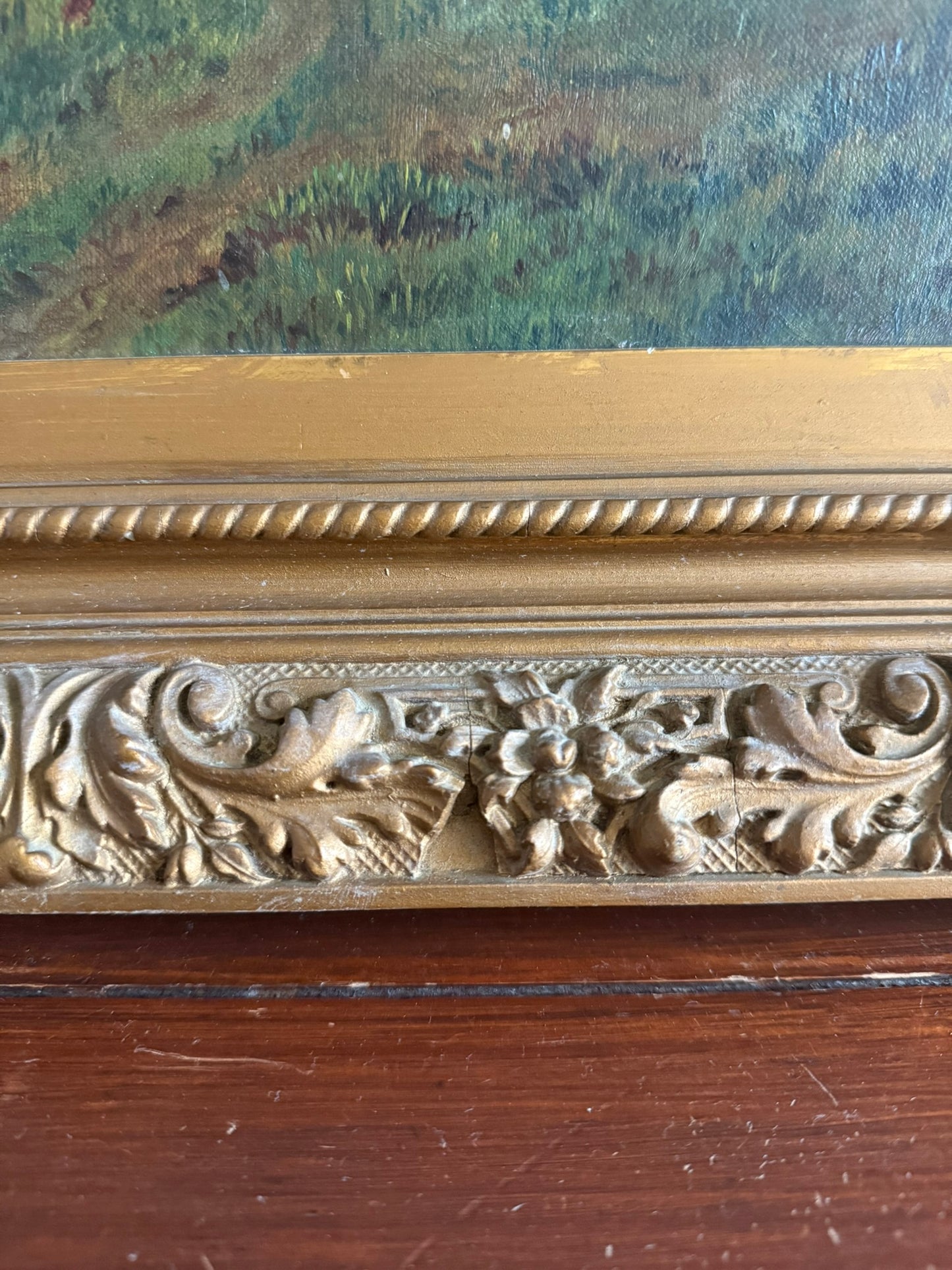 Framed Antique Pastoral Landscape Oil Painting