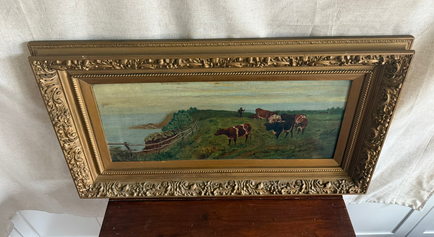 Framed Antique Pastoral Landscape Oil Painting
