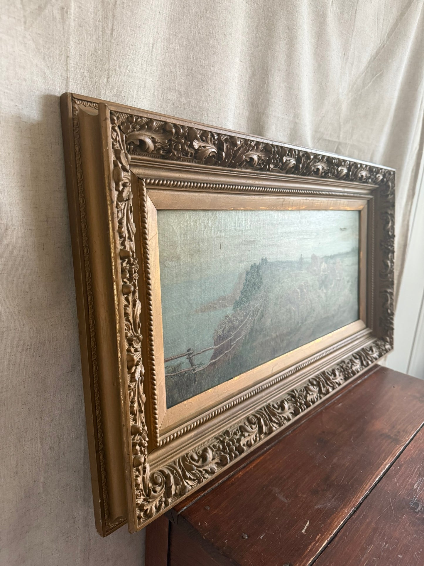Framed Antique Pastoral Landscape Oil Painting