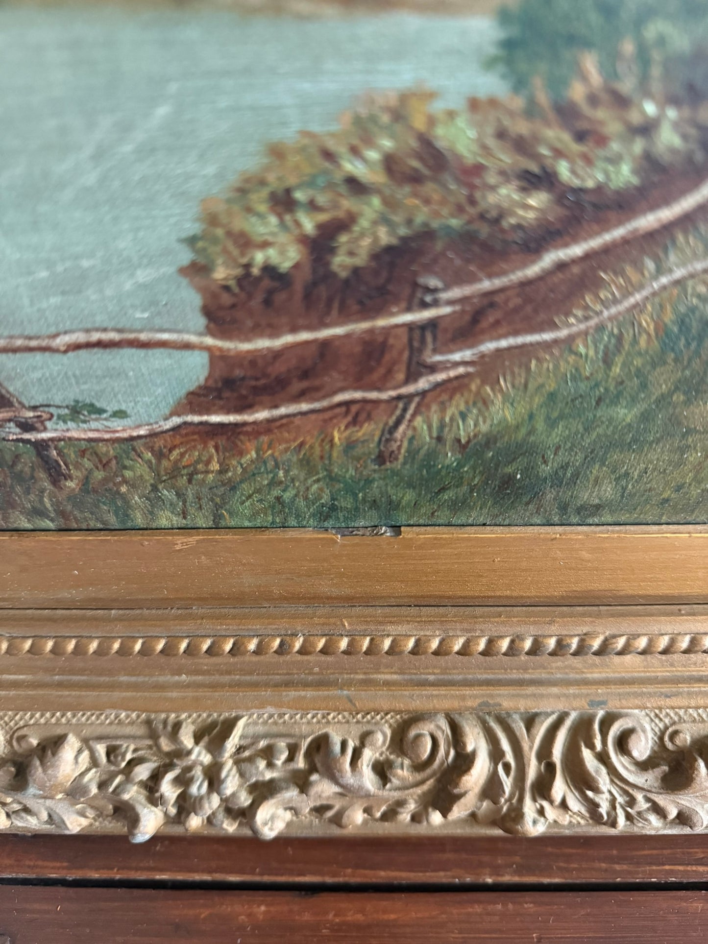 Framed Antique Pastoral Landscape Oil Painting