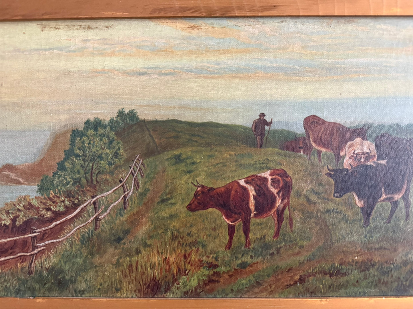 Framed Antique Pastoral Landscape Oil Painting