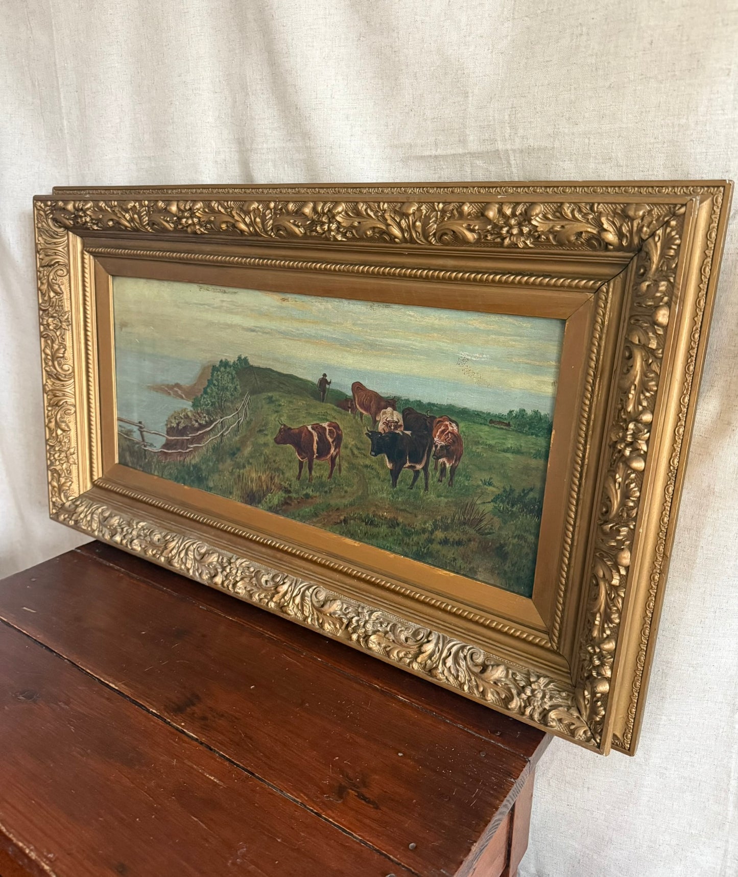 Framed Antique Pastoral Landscape Oil Painting