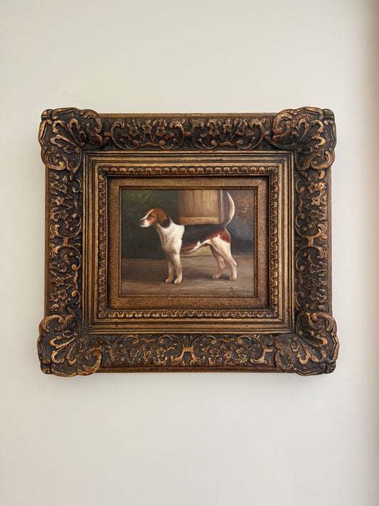 Framed Hound Dog Oil Painting