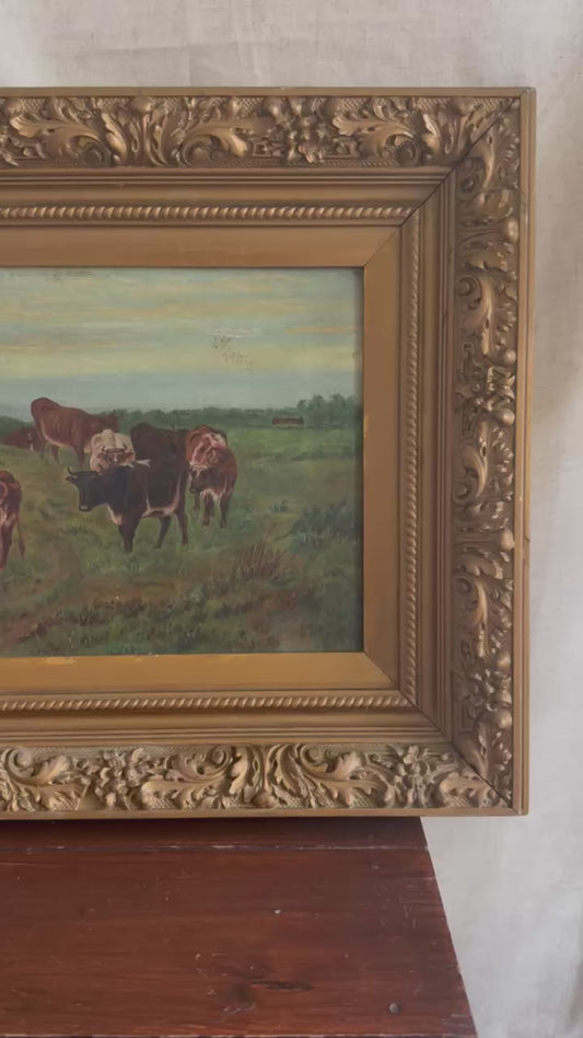 Framed Antique Pastoral Landscape Oil Painting